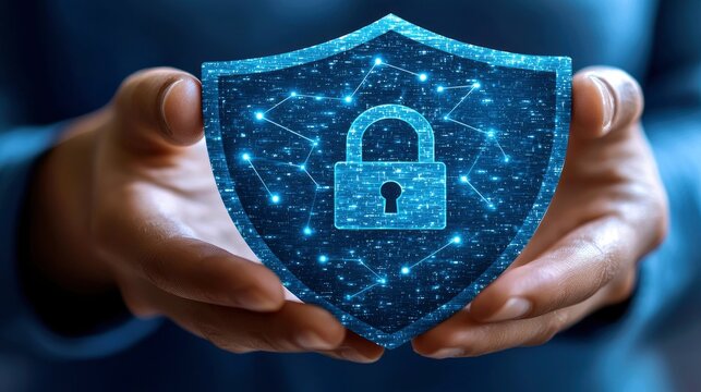 Hands holding a glowing data shield