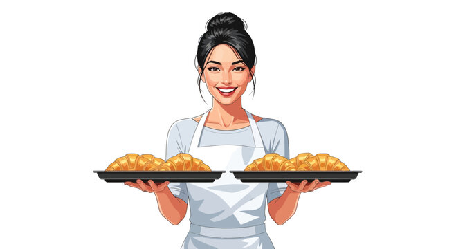 Cheerful baker presenting freshly baked croissants with a delightful smile