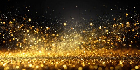 Obraz premium Sparkling golden glitter particles scattered on a dark black background