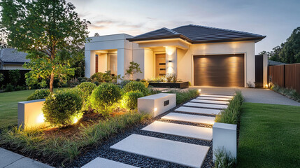Fototapeta premium A beautiful, professionally landscaped garden in front of a modern minimalist house. 