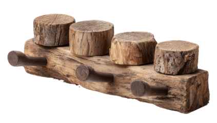 A rustic wooden wall hook set.  Four round wood discs,  placed on a larger,  long,  wooden plank. Dark-colored metal hooks are attached to the plank.  Natural wood grain and texture are prominent