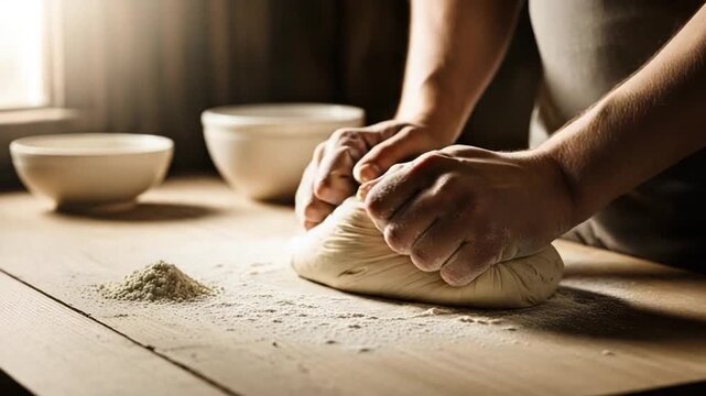 Hands Kneading Dough on Wooden Table with Flour and Bowls in Background