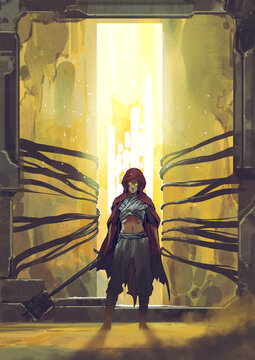 Fototapeta A mysterious warrior in a red cloak stands confidently before a massive glowing gate with tendrils surrounding it, digital art style, illustration painting
