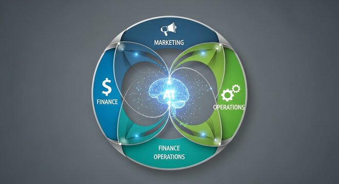 Abstract circle infographic of Finance, Marketing and Operations sectors with AI brain inside. Concept for business presentation, data analysis and technological development illustration