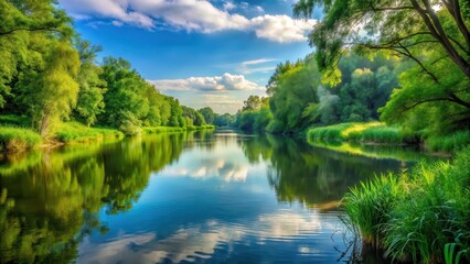 Obraz premium A serene landscape of a river with calm water and lush greenery surrounding it