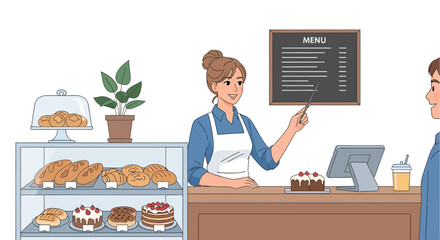Friendly bakery server explaining menu to customer with display of baked goods