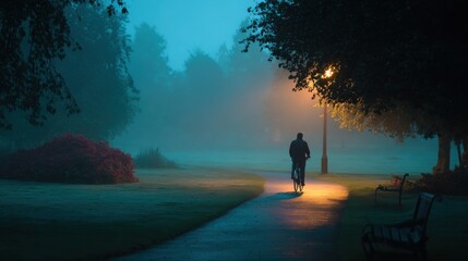 Fototapeta premium A serene shot of a person cycling on a peaceful path in a park at twilight, with a soft, glowing light illuminating their way.