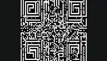 Abstract black and white QR code-like pattern with a geometric border