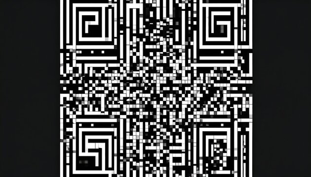 Abstract black and white QR code-like pattern with a geometric border - Powered by Adobe