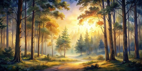 Fototapeta premium Watercolor painting of forest landscape at dusk with warm golden light filtering through trees