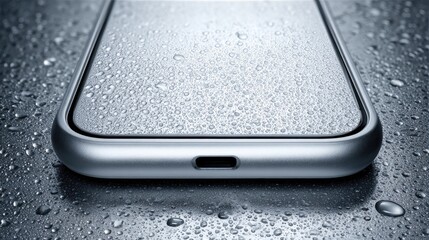 Close-up of a silver smartphone with water droplets