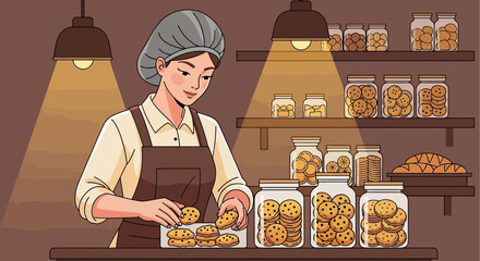 Smiling baker arranging freshly baked cookies in jars on bakery shelves