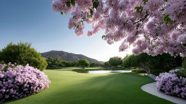 Picturesque Golf Course Landscape in Full Spring Bloom