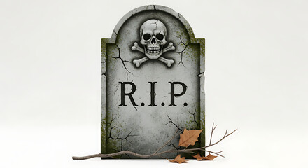A weathered tombstone with a skull and crossbones and the inscription r i p on a white background