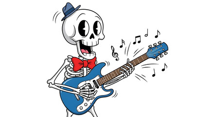 Cartoon skeleton wearing a hat and bow tie playing a blue electric guitar with musical notes around it