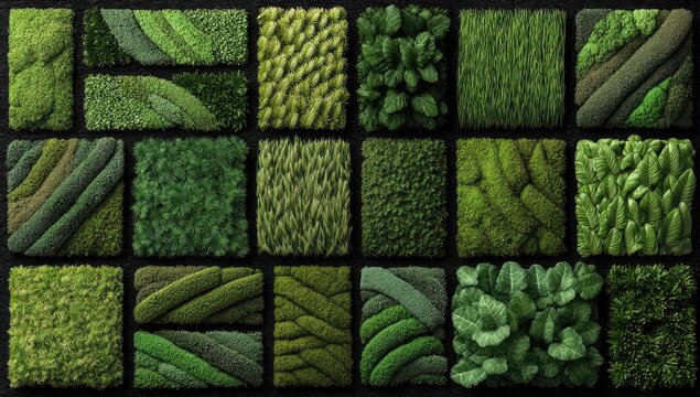 A vibrant display of diverse green moss and foliage textures arranged in a grid pattern - Powered by Adobe