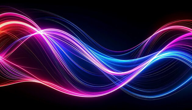 Abstract background with flowing lines of luminous energy and vibrant neon colors creating a dynamic light wave effect on a dark backdrop