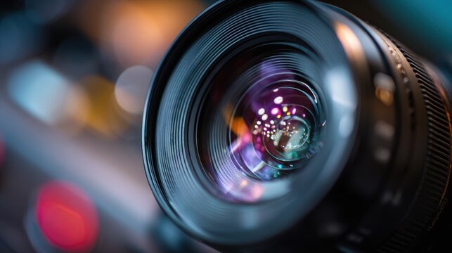 Close-up of a professional camera lens with colorful reflections and intricate glass elements