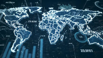 World map with glowing outlines, overlaid with data visualizations and charts - Powered by Adobe
