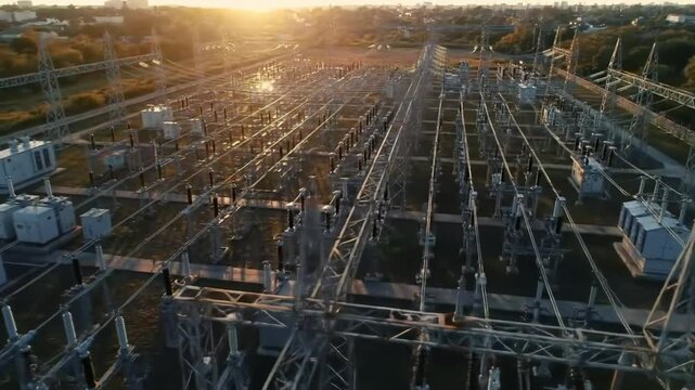 High-angle view of a vast power distribution station, showcasing the intricate network of electrical lines, insulators, and against a warm sunset glow.