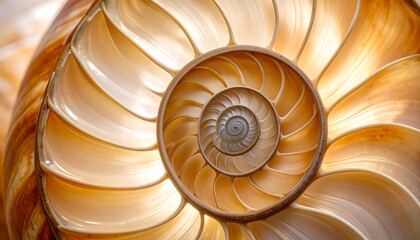 Obraz premium Stunning cross-section of a chambered nautilus shell revealing the intricate beauty of its Fibonacci spiral and pearly interior