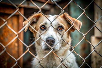 Sad dog looking through a metal fence in a shelter for abandoned animals