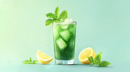 Fototapeta premium Refreshing iced green tea with mint leaves and lemon slices, served in tall glass, evokes sense of coolness and relaxation