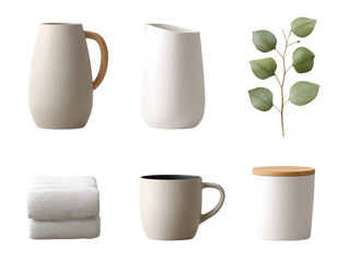 Obraz premium A beautifully arranged collection of rustic white and earthy brown ceramic mugs alongside a vibrant green houseplant creating a serene and cozy still life composition for home decor inspiration