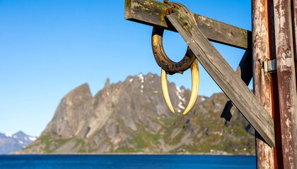 Fototapeta premium Wooden structure with animal tusks against a mountain backdrop