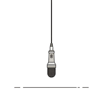 Stylized illustration of a classic silver microphone suspended by a black cord.