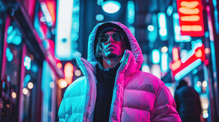 A streetwear model wearing a trendy puffer jacket while walking through a street lit by neon lights.