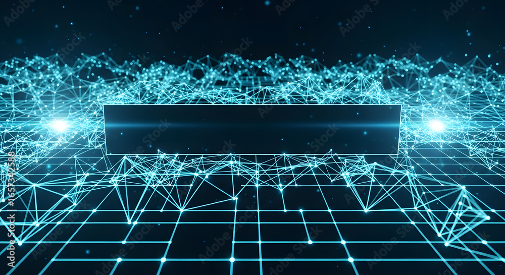 Wall mural abstract futuristic technology background featuring a glowing blue plexus network grid and a central