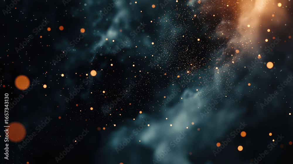 Wall mural a dark black background with particles or elements randomly drifting in space.