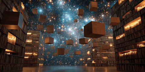 Surreal library with floating books and glowing galaxies creates magical atmosphere. wooden shelves are filled with books, and cosmic backdrop adds sense of wonder and mystery