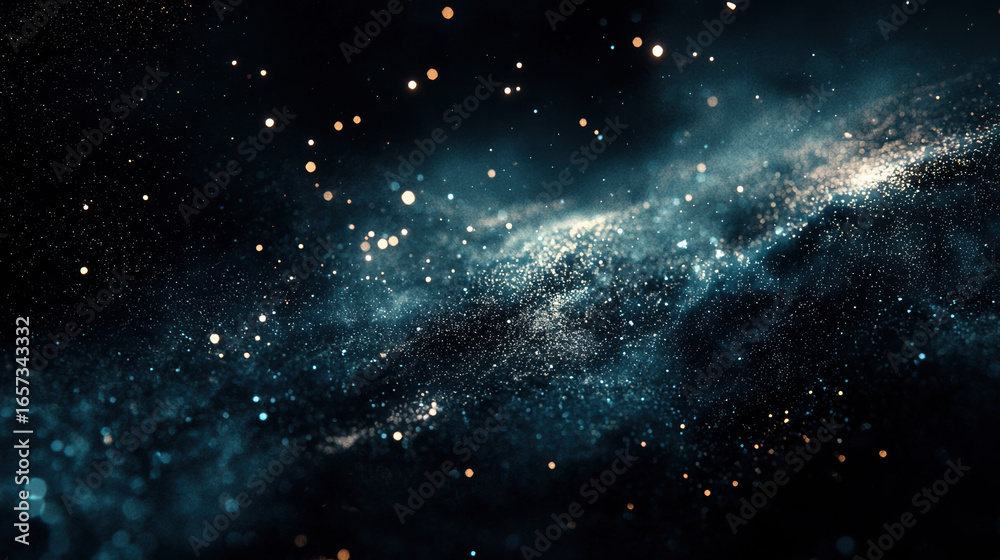 Wall mural a dark black background with particles or elements randomly drifting in space.