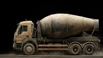 A heavily soiled concrete mixer truck on a dark background.