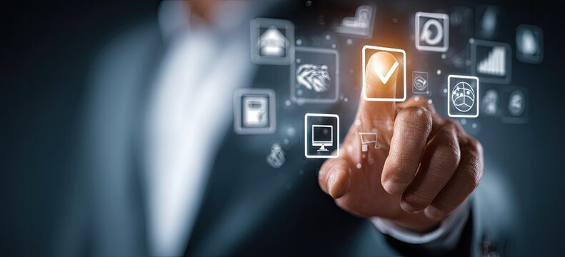 Hand selecting digital icons, signifying approval, data analysis, and technological process
