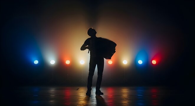 Silhouette of a man playing an accordion on a stage with colorful spotlights and reflections on the floor.