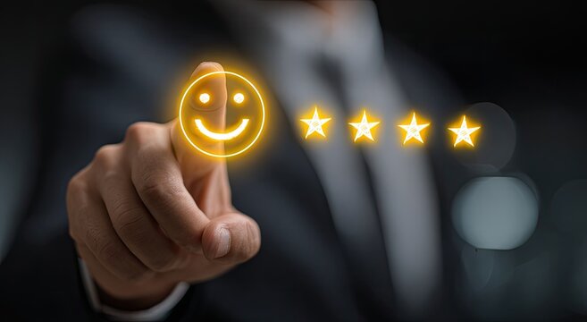 Hand selecting a five-star rating and smiley face