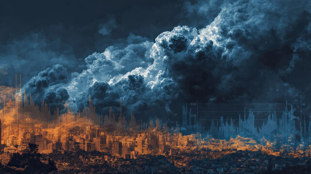 Dramatic digital illustration depicts cityscape with contrasting weather patterns, showcasing blend of vibrant orange and deep blue hues. scene conveys sense of urgency and transformation - Powered by Adobe