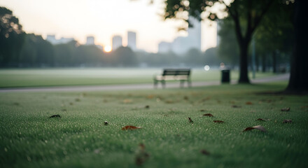 A serene park scene at dawn with dew-kissed grass, fallen leaves, a solitary bench, and distant city skyline bathed in soft morning light.