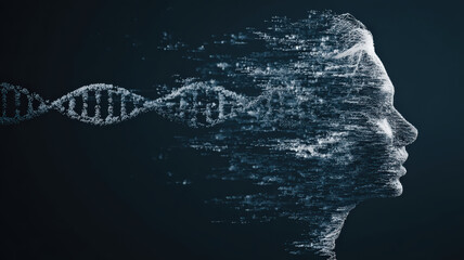 Digital representation of human face dissolves into DNA helix, symbolizing integration of AI and genomic data in bioinformatics. image conveys innovation and technology