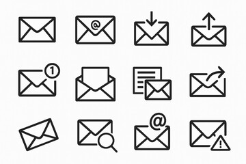 Black Email Icons Pack Vector Set for Messaging Communication Technology and Business Designs
