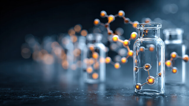Row of glass vials with molecular structures inside, symbolizing innovation in biopharma and clinical trials. glowing molecules convey sense of scientific advancement and regulatory challenges