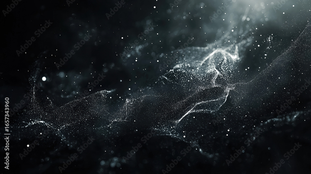 Wall mural a dark black background with particles or elements randomly drifting in space.