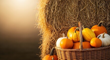 Autumn Harvest: A wicker basket brimming with vibrant pumpkins sits against a rustic hay bale backdrop, evoking the warmth and bounty of the fall season.