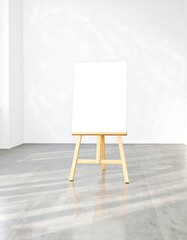 Blank canvas on wooden easel in bright room