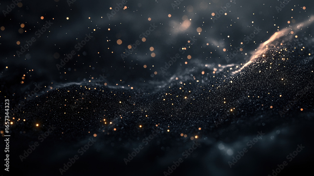 Wall mural a dark black background with particles or elements randomly drifting in space.