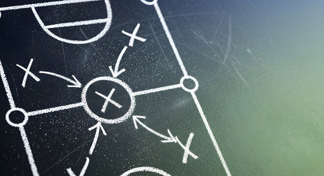 Chalkboard Strategy: A basketball game plan drawn on a dark green chalkboard, illustrating teamwork, movement, and offensive plays.