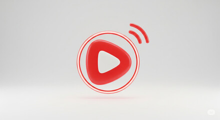 Red play button icon with wireless waves, representing video playback or live streaming, on isolated transparent background.